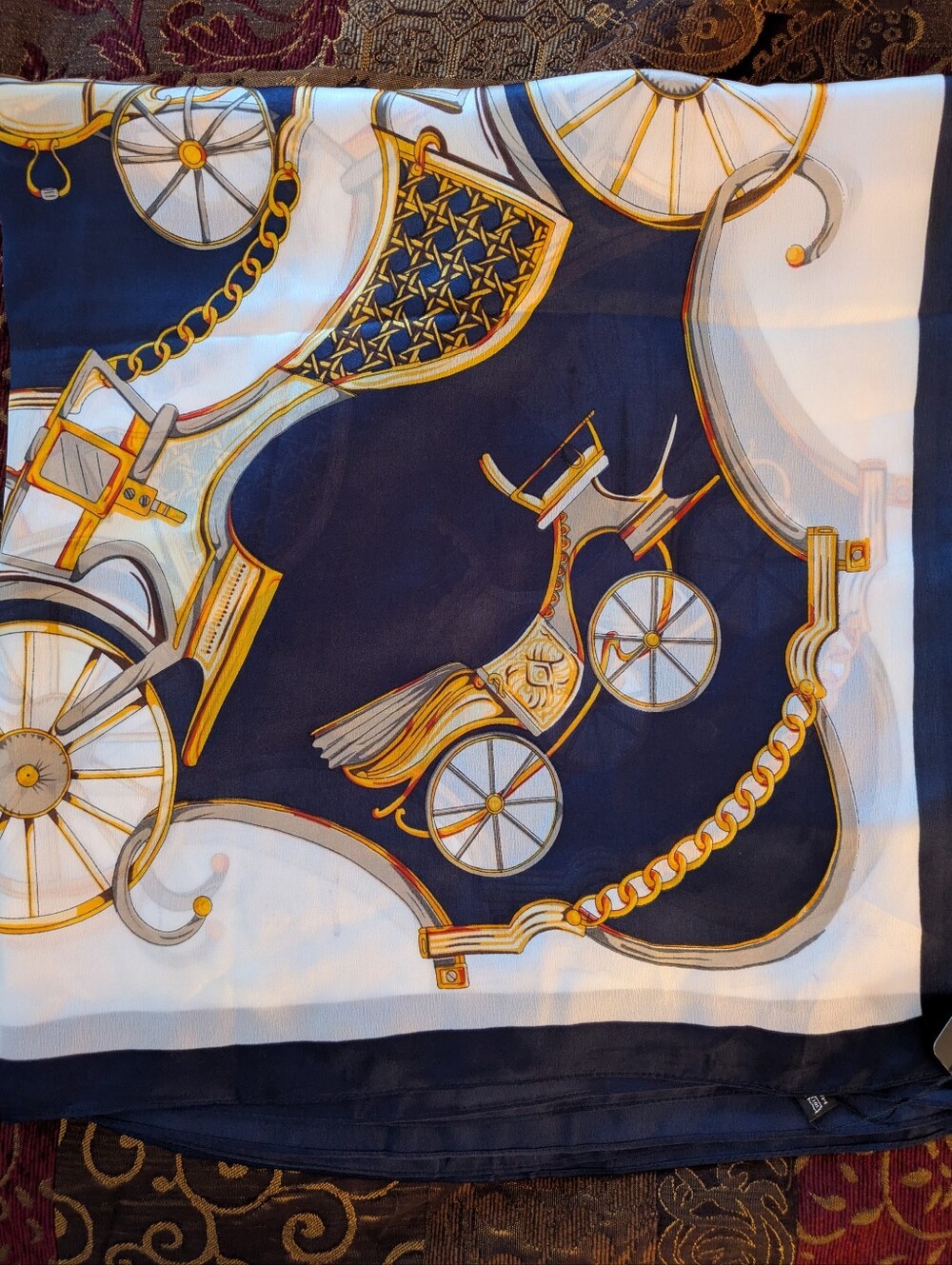 100% Silk Scarf 35"x72" In Navy And White with Gold Equestrian Print - Picture 9 of 9